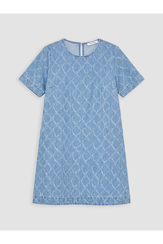 Indigo Crew Neck Patterned Jean Dress