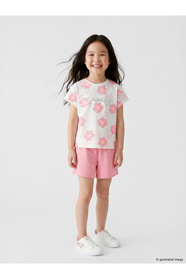 Ecru Glittery Floral Girl's Shorts Set