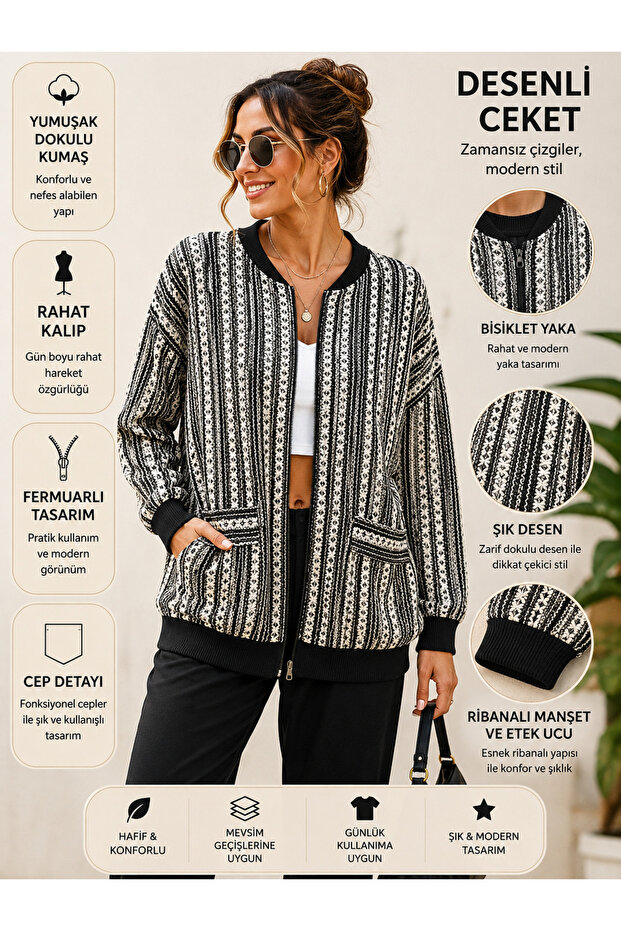 Zippered Patterned Knitwear Jacket Women's Oversize Comfortable Fit Black Ecru