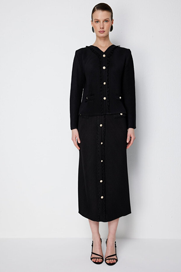 Ornamental Buttoned Accordion Fabric Midi Skirt