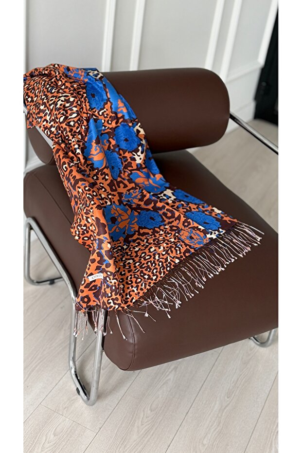 Wild Rose Patterned Silk Shawl Red Copper - 3