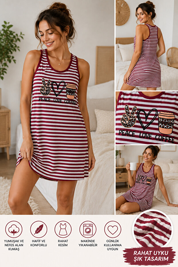 Burgundy Women's Striped Thick Strap Dress Comfortable Fit
