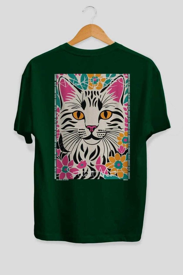 43 Cats for the Sake of Cats Printed Green Oversize T-Shirt 100% Cotton Unisex Cat Lover Premium Design