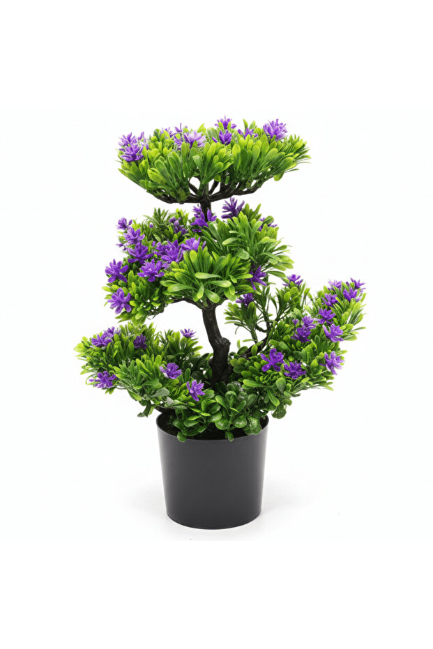 Green & Lavender Artificial Bonsai Tree | Black Plastic Pot | 35 cm | Premium Faux Plant Décor