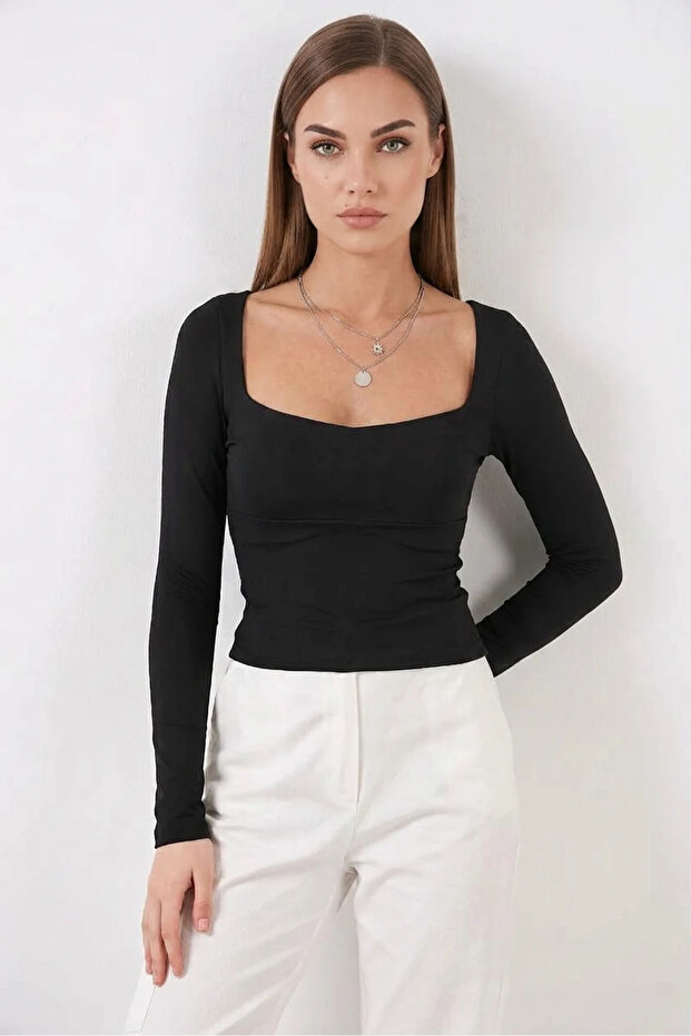 Women's Square Neck Slim Fit Long Sleeve Black Blouse