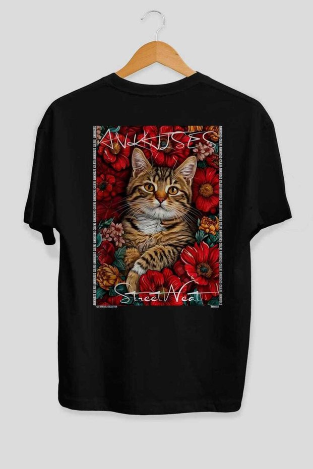 1 Cat for the Love of Cats Printed Black Oversize T-Shirt 100% Cotton Unisex Cat Lover Premium Design