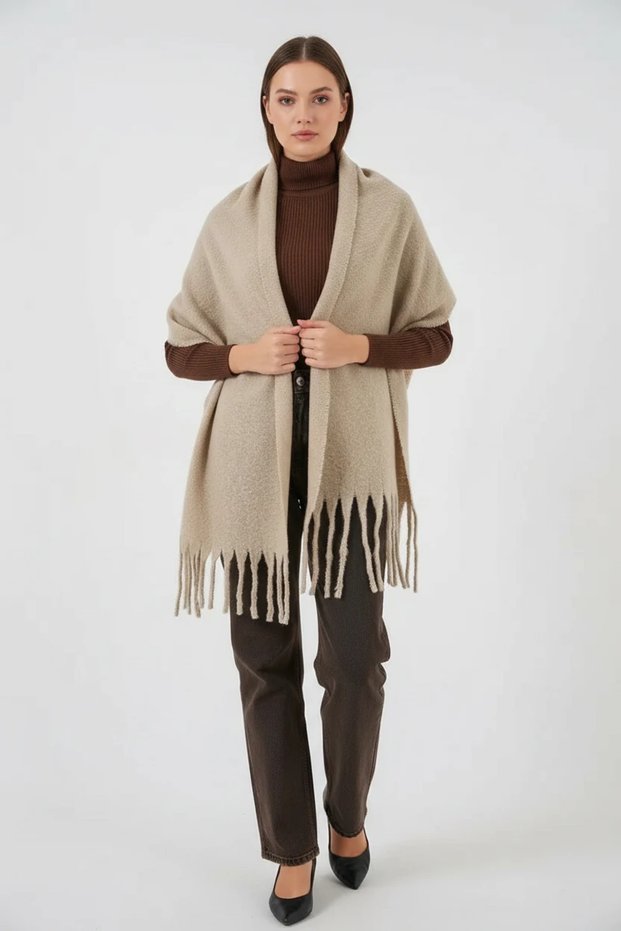 Women's Fringed Knitwear Light Beige Shawl