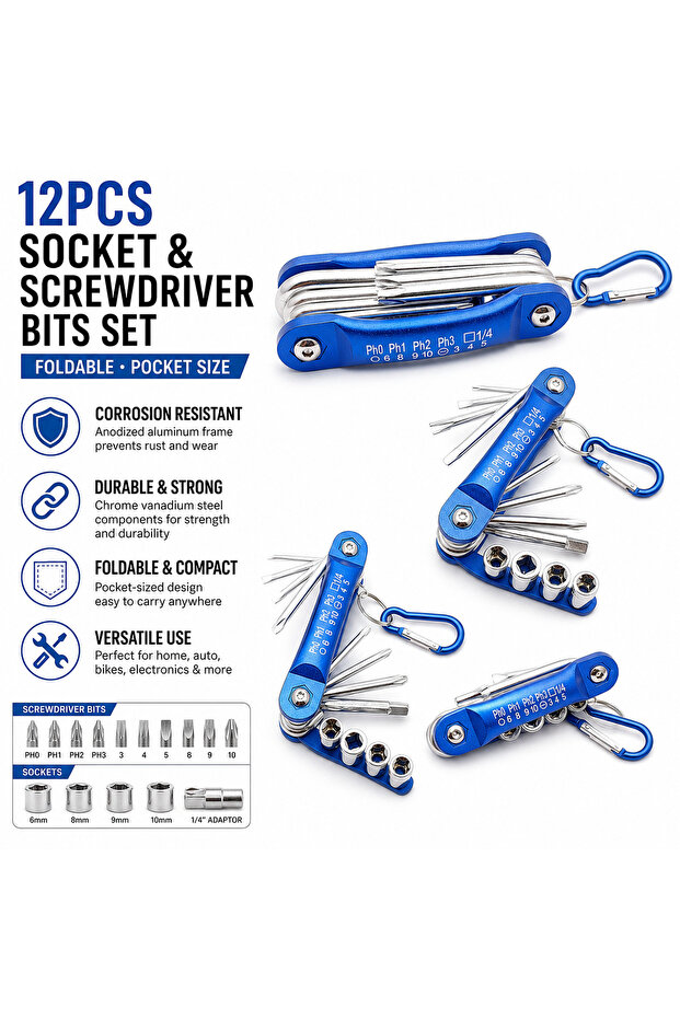 Pocket Size Socket And Screwdriver Bits 12 Pieces Set
