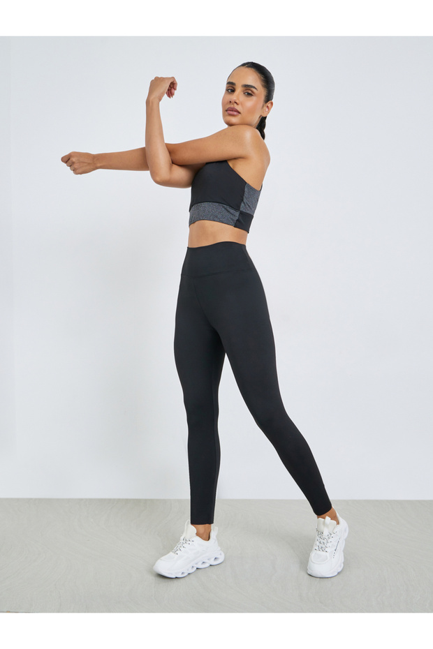 Black Solid Wide Waistband Leggings