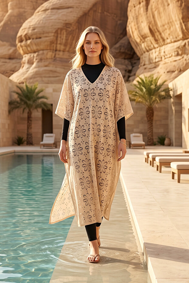 Remsa Tesettür over Swimsuit Design Single Kaftan Pareo Rdp26 Light Beige