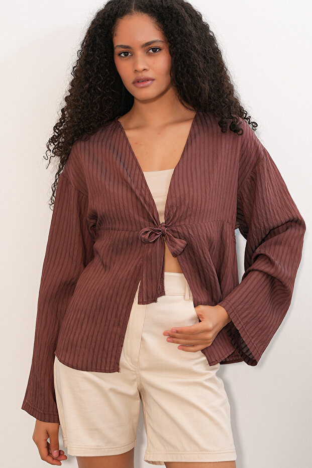 Women's Lace-Up Front Blouse 1432 - Brown