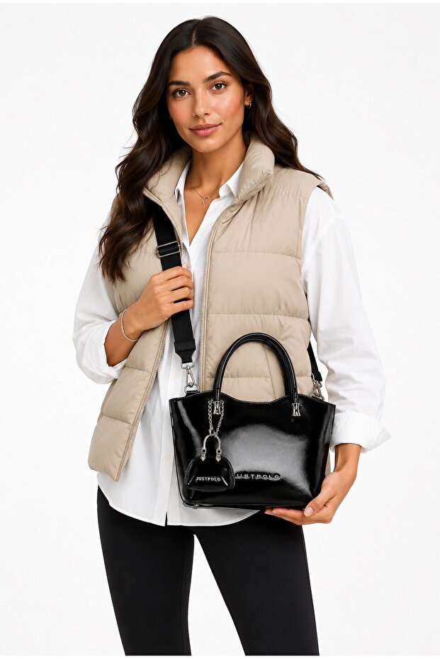 Alessia Charmlı Medium Size Soft Leather Look Large Volume Black Women's Hand and Crossbody Bag