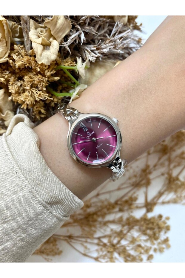 Round Thin Cord Silver Claret Red Dial Women Wrist Watch