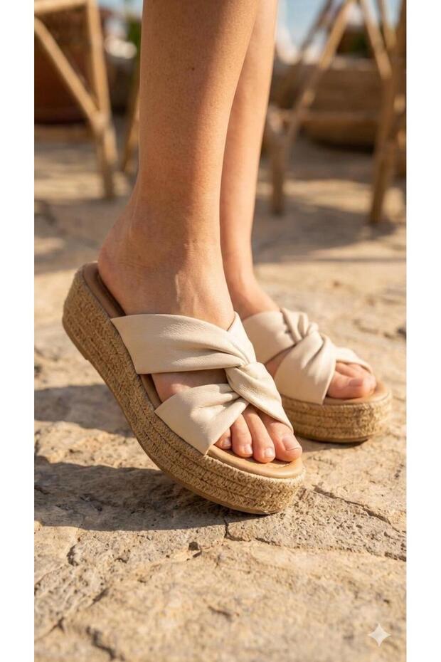 Cream Leather Cross-Padded Women's Daily Slippers