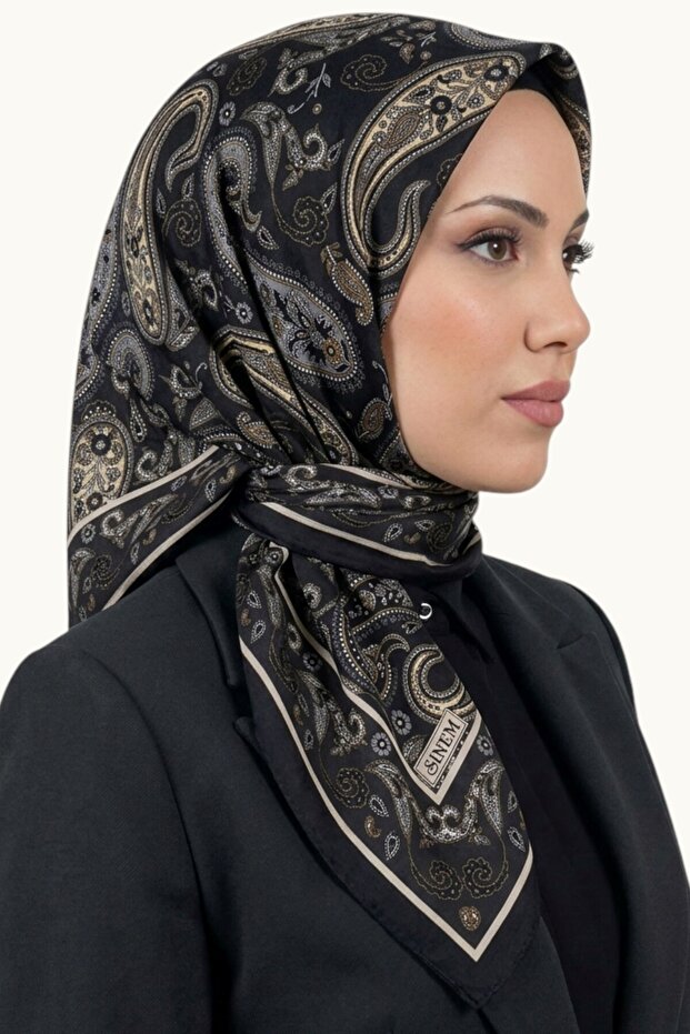 Women's Black Gray Shawl with Patterned Stitching and Writing
