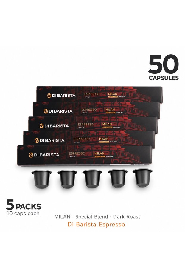 Milan Espresso Capsules - Set of 5 Sleeves | Bold Dark Roast Arabica Robusta | Nutty Dark Chocolate | Nespresso Compatible