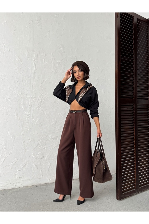 Women's Palazzo Double Fabric Buttoned Zipper Pocket Trousers