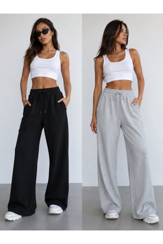 Double Black and Gray Wide-Leg Sweatpants Set - Effortless Style for Home, Sports, and Outdoors