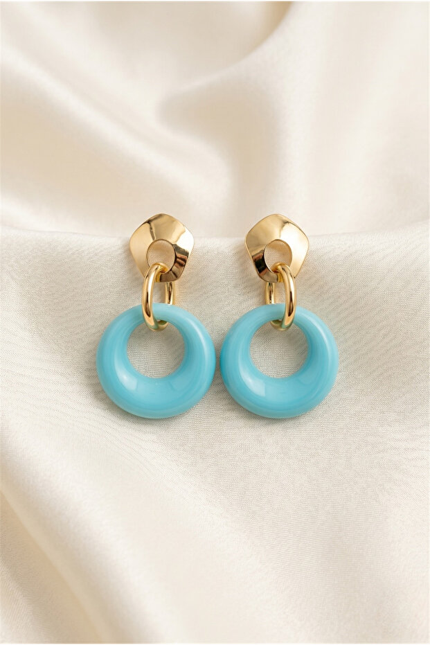Turquoise Blue Thick Hoop Shaped Gold Color Geometric Elegant Earrings
