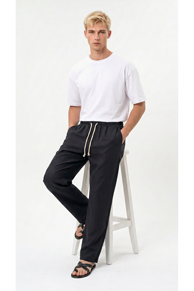 Men's Black Linen Muslin Trousers Lightweight Fabric Comfortable Fit Baggy with Back Pockets