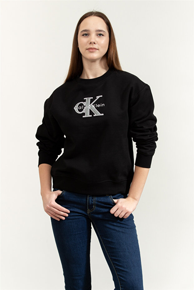Women's Regular Fit Cotton Logo Embroidered Long Sleeve Black Sweatshirt