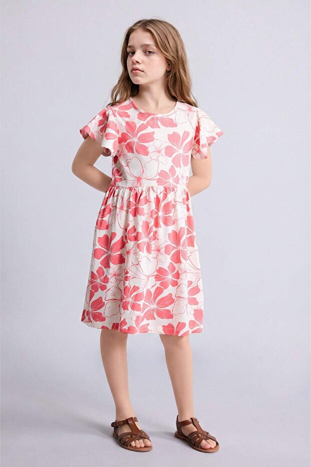 100% Cotton Crew Neck Patterned Short Sleeve Summer Dress for Girls B4339A826Sm