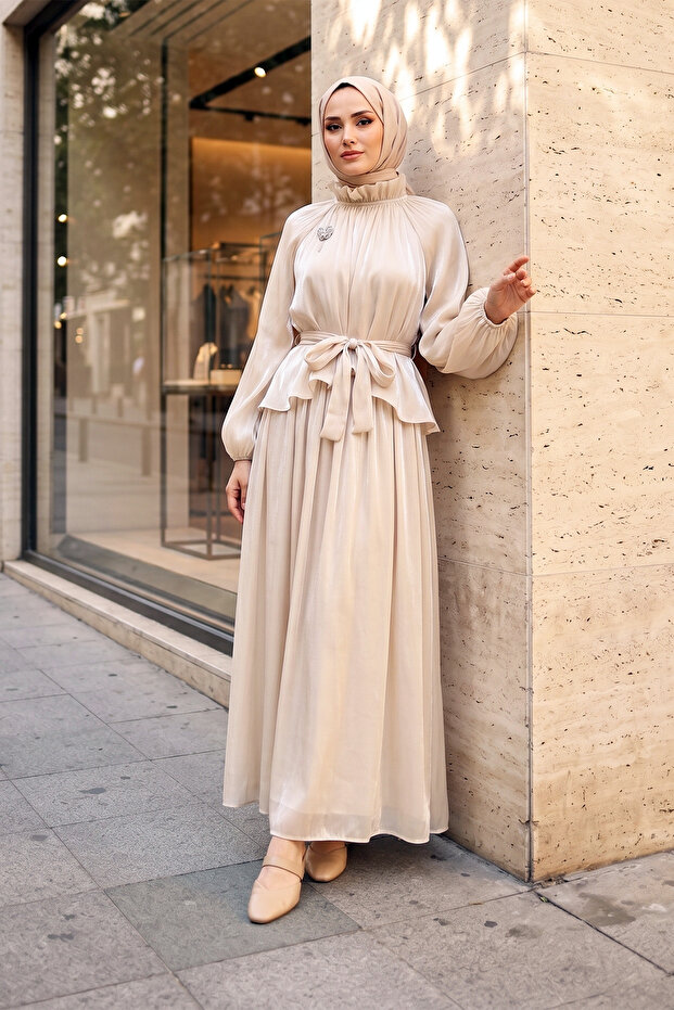 Nara Astarlı Janjan Chiffon Skirted Double Set - Beige