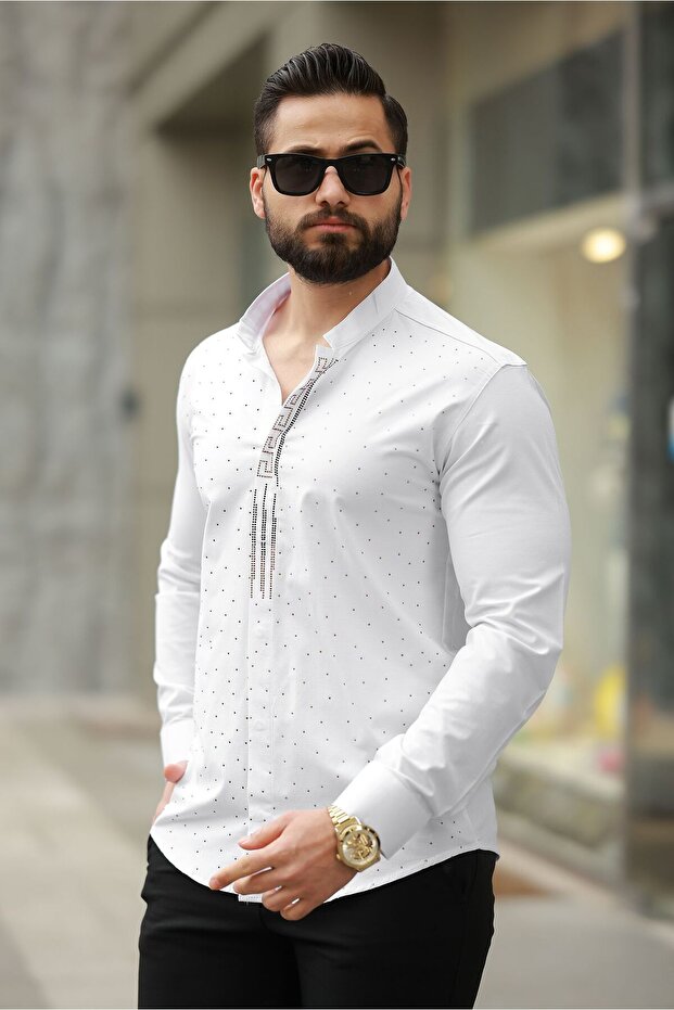 Dot Patterned Judge Collar Men's Slim Fit Shirt