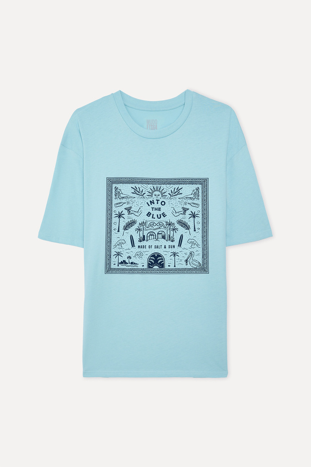 Men's Blue Printed Comfort Fit Crew Neck T-Shirt