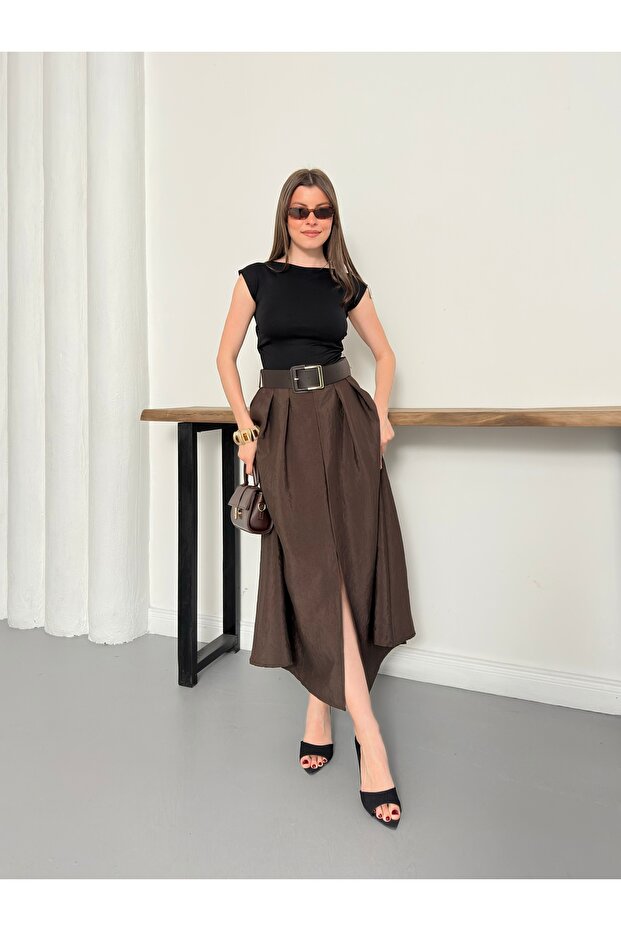 Cupra Fabric Belted High Waist Slit Pleated Midi Skirt
