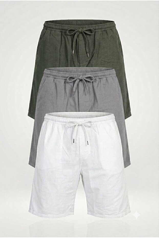 Men's 3-Piece Linen Shorts Set with Elastic Waistband