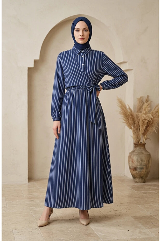 Half-Buttoned Elastic Waist Striped Dress 0320-06 Navy Blue
