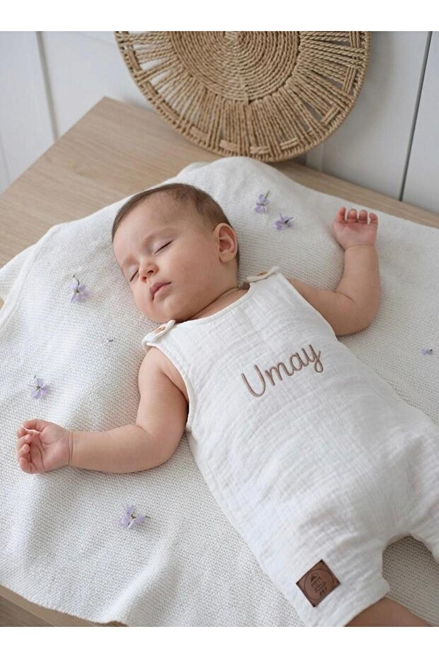 Name Embroidered Muslin Salopet Summer Baby Romper with Straps