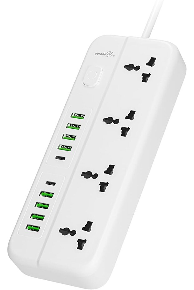 Blue 4 Universal Sockets Power Strip, Universal Sockets, 4 AC Socket, 8 USB-A & 2 USB-C, 3m Cable Length, UK Plug 3Pin - White