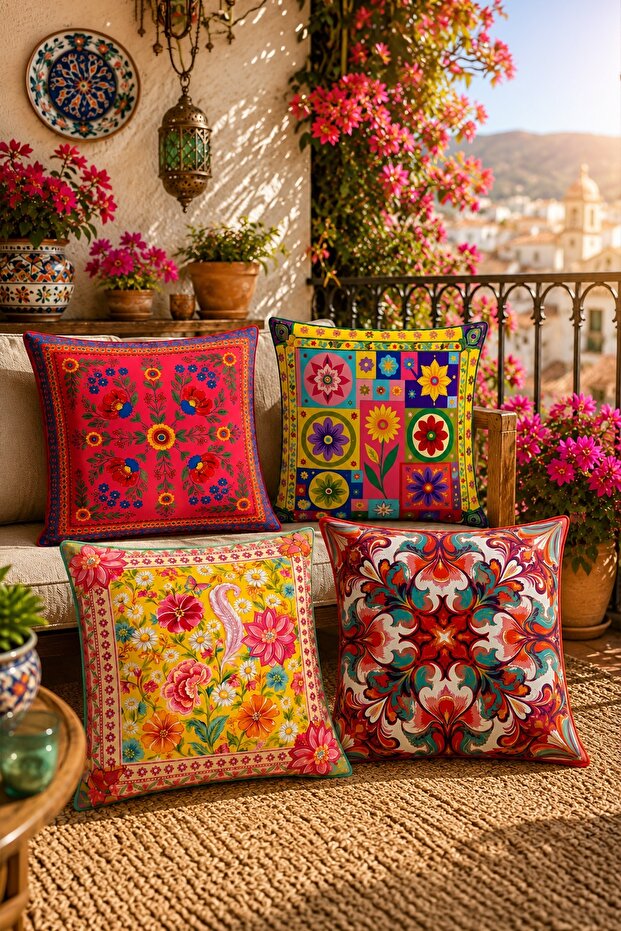 Red Bohemian Patterned 4-Piece Throw Pillow Cover Set