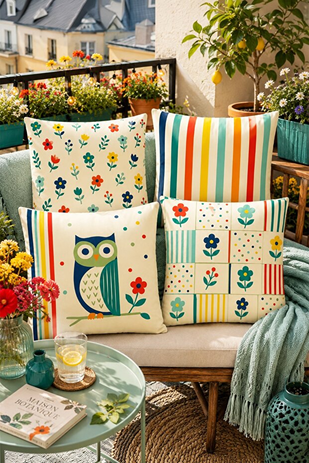 Colorful Modern Owl Patterned 4-Piece Throw Pillow Cover Set