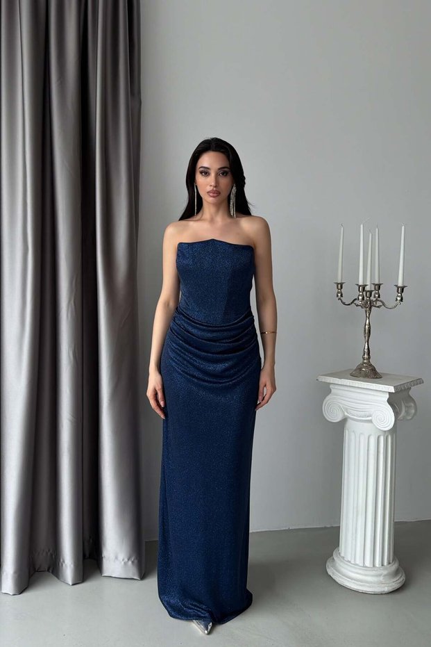 Navy Blue Strapless Glittery Draped Long Evening Dress