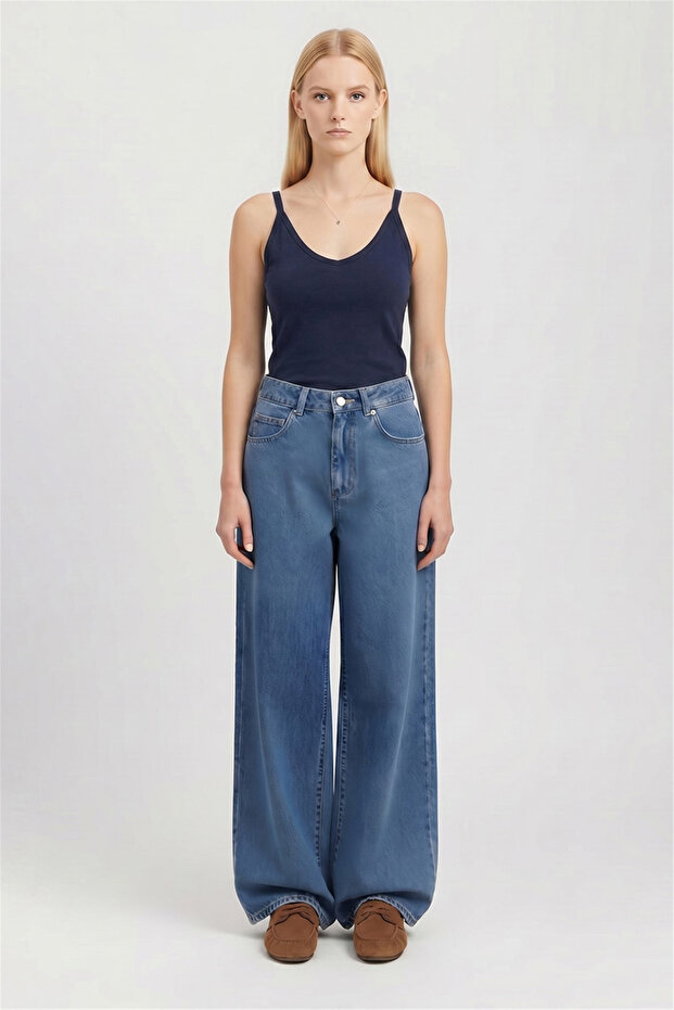 Navy Blue Thin Strap V-Neck Blouse