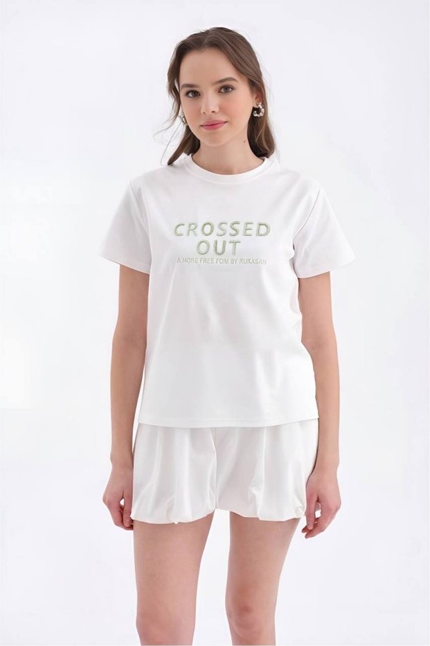 Women's 100% cotton short sleeve t-shirt with embroidery detail on the front
