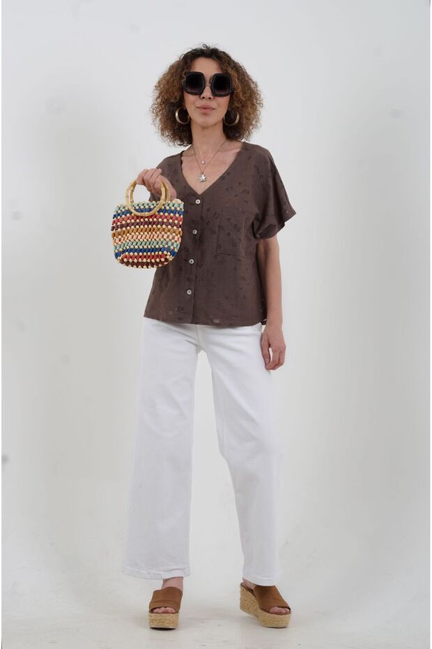 Coffee Self-Patterned Buttoned Front Blouse - 3