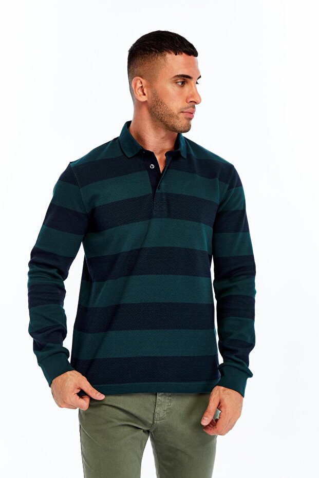 Ar-Ma Men's Polo Collar Sweatshirt, Unprinted, Striped, Buttoned, Without Pockets, Knitted Fabric, Regular Fit, 95% Cotton, 5%