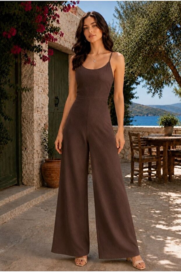 Women's Wrinkled Fabric Strappy Wide Leg Jumpsuit