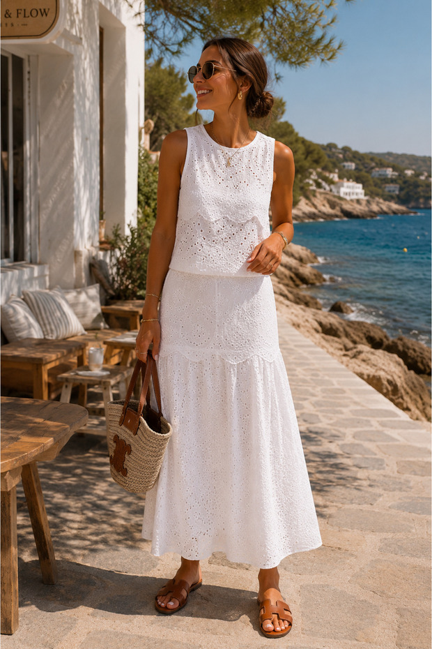 Perla Fisto Embroidered White Maxi Set