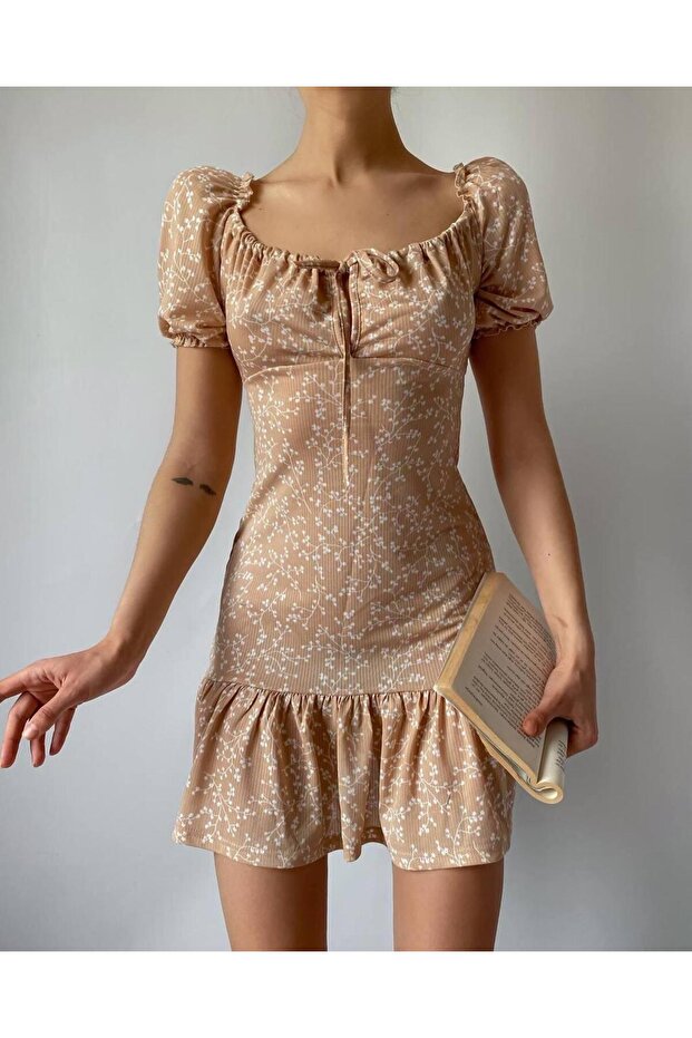 Women's Beige Front Tie Ruffle Mini Dress Yel0680
