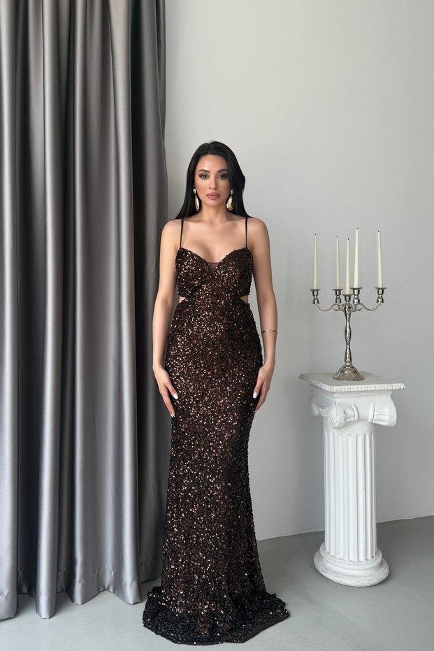 Brown Waist-Tied Strappy Long Evening Dress