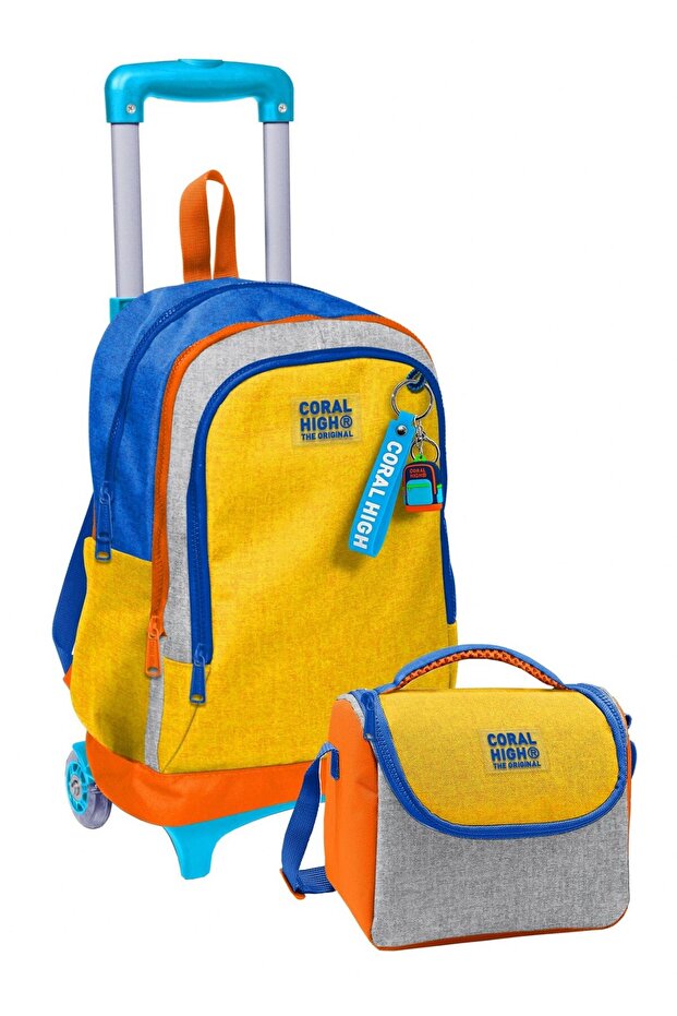 Primary School Trolley Bag and Lunch Set - Boy - Blue Gray Orange Stripe Pattern