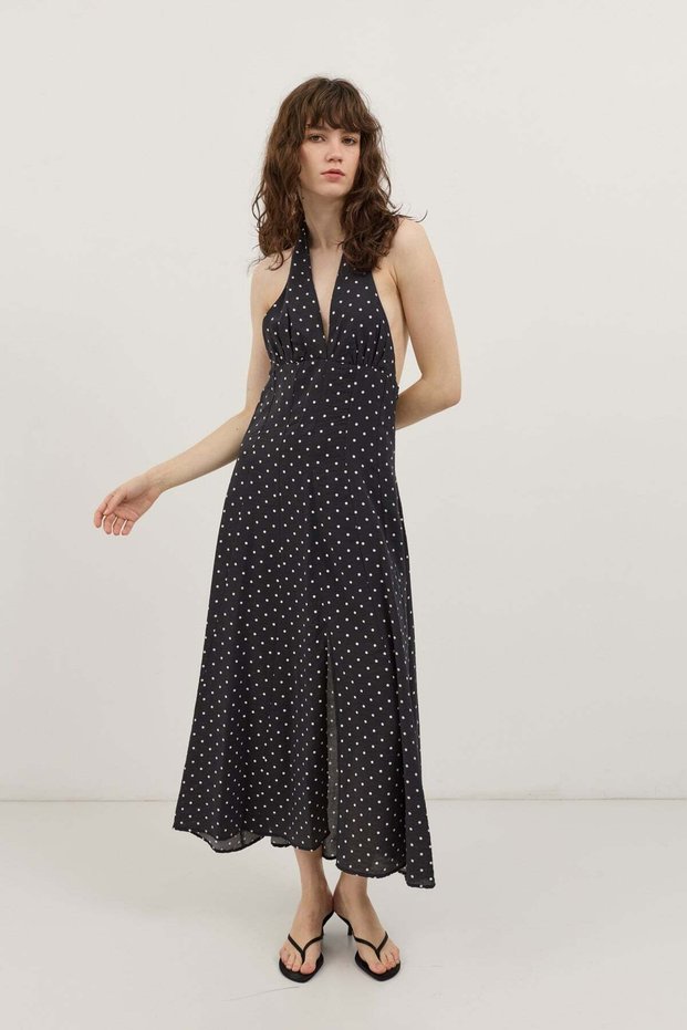 Black Halter Neck Polka Dot Women's Dress
