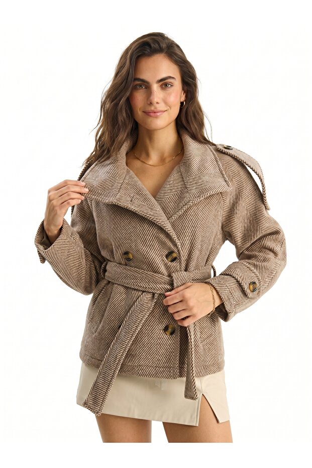 Camel Beige Herringbone Cashmere High Collar Belted Pocket Detailed Lined Polyester Cashmere Coat