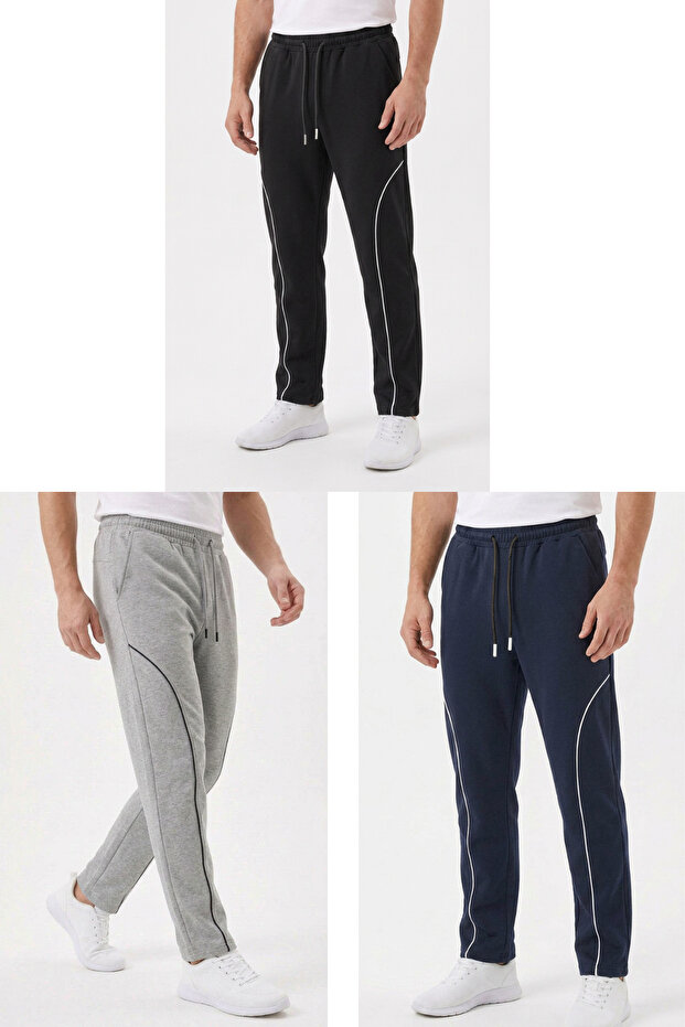 Men's Baggy Front Piping Detailed 4-Season Comfortable Fit Wide-Leg Sweatpants