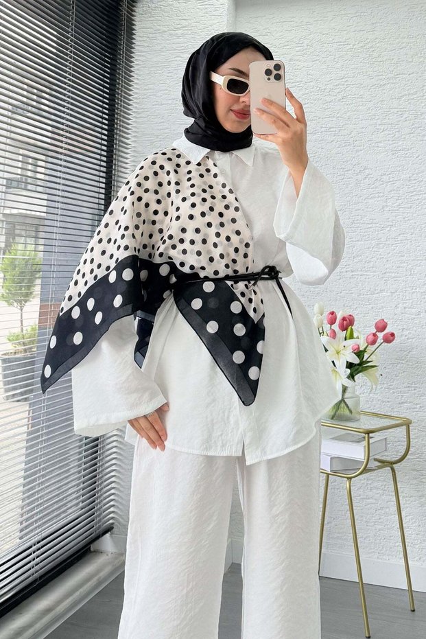 Polka Dot Patterned Cotton Shoulder Shawl - Black